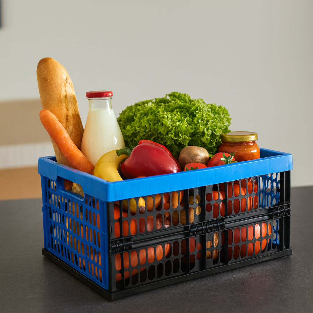 Set van 6 Vouwkratten 32 Liter – Stapelbaar en Inklapbaar - Boodschappenkrat - Groen en Blauw