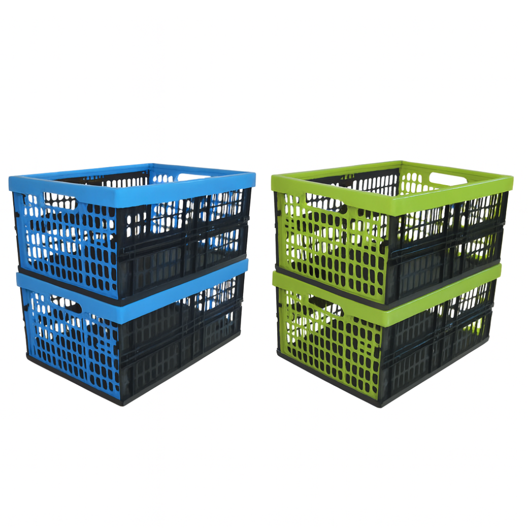 Set van 4 vouwkratten 32 Liter - Groen en Blauw - Stapelbaar en Inklapbaar