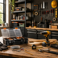 Professionele werkplaats met gereedschap, klusmaterialen en praktische opbergoplossingen