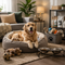 Gezellige huisdiersetting met hond, dierenaccessoires en comfortabele dierenproducten