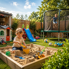 Kinderen die buiten spelen met zandbak, trampoline en buitenspeelgoed in de tuin