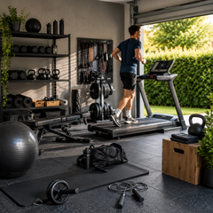 Moderne home gym met fitnessapparatuur en sportaccessoires voor actief leven