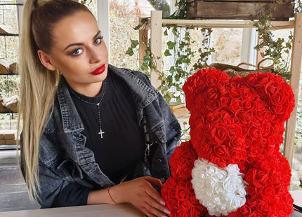 Rozen Beer | Rozenbeer | Rose Bear | Rozen Teddybeer | Liefde | Inclusief Giftbox | 36 x 26 x 26 cm | Rood / Wit