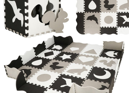 Speelmat | Speelmat Foam | Puzzelmat | Figuren | 16 Puzzelstukken | 150 x 150 cm | Zwart/Wit/Grijs