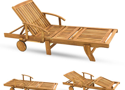 Houten Ligstoel - Ligbed -  Op Wielen -  Verstelbaar - Weersbestendig  - Uitschuiftafel - 193 x 70 x 30 Cm