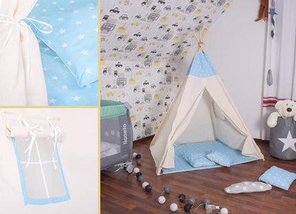 Tipi Tent | Wigwam Speeltent | 120x100x180 cm | Met Mat en Kussens | Naturel Blauw | Sterren