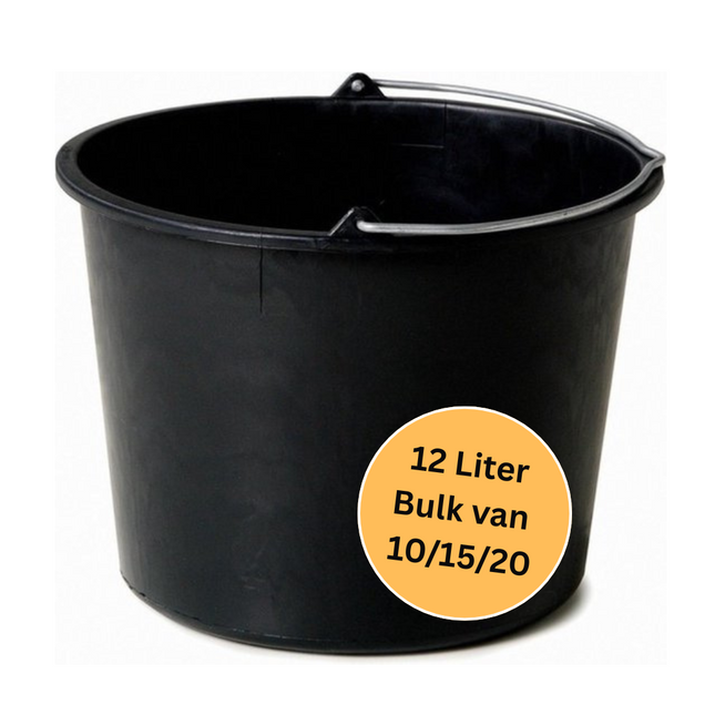 Bouwemmer 12 Liter – Zwart – 10/15/20 Stuks - Met Maatverdeling - Met Hengsel - Voor Bouw, Schoonmaak en Huishoudelijk Gebruik