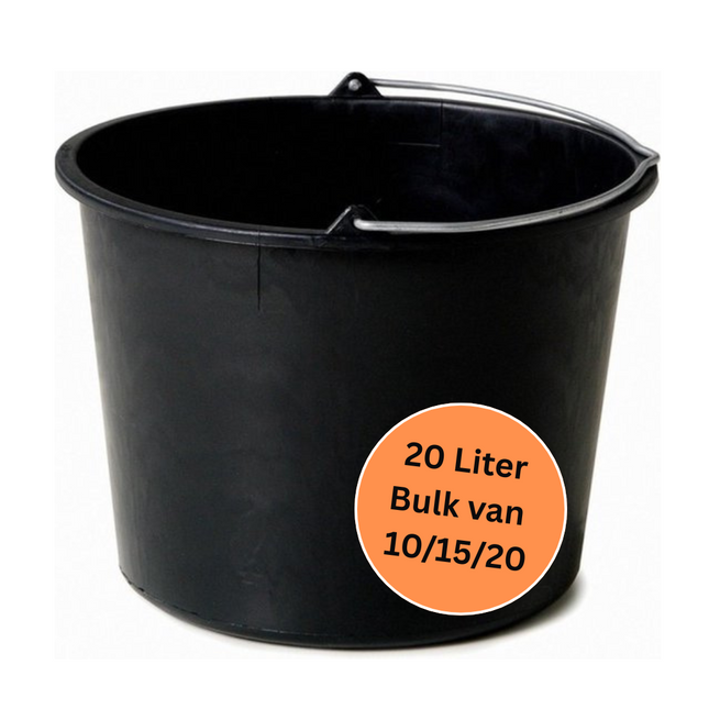 Bouwemmer 20 Liter – Zwart – 10/15/20 Stuks - Met Maatverdeling – Met Hengsel - Voor Bouw, Schoonmaak en Huishoudelijk Gebruik
