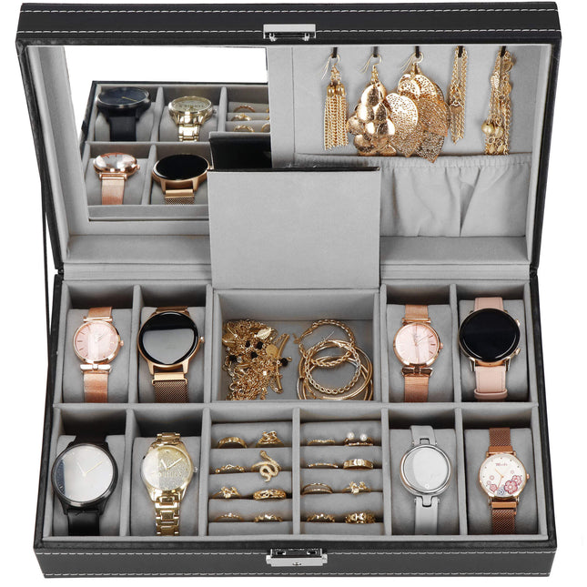 Horlogedoos - Horlogebox - Horlogeopberger - Spiegel - Zwart - Grijs - 8 Horloges