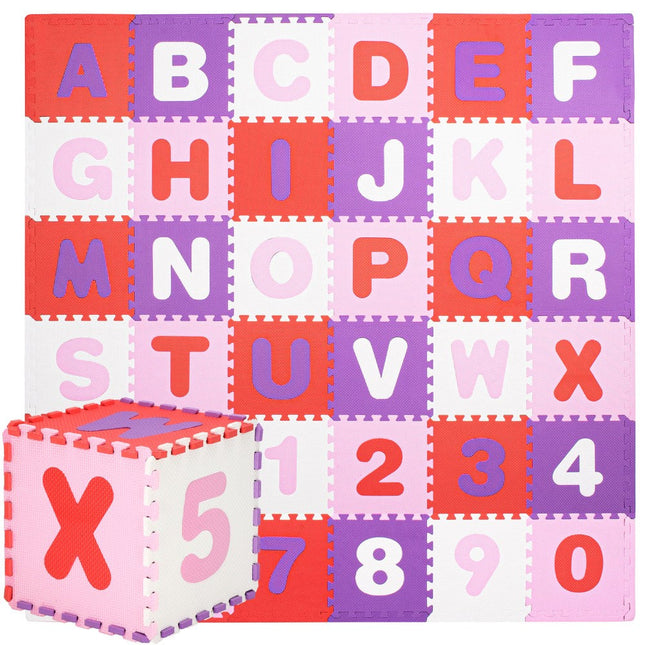 Speelmat | Speelmat Foam | Puzzelmat | 36 Stukken | Letters & Cijfers | 175 x 175 cm | Roze/Rood/Paars/Wit