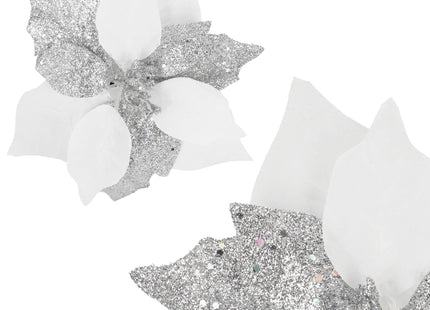 Kunstbloem Met Clip- Poinsettiatak - Ster van Bethlehem - Wit/Zilver - Glitters