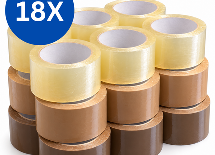 Verpakkingstape Set – 18 Rollen – Transparant, Bruin en Kraftpapier – 48/50 mm Breed