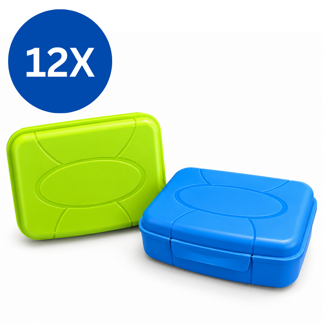 Broodtrommels 1,3 Liter – Set van 12 Stuks – Lunchboxen met Klikdeksel – Groen en Blauw