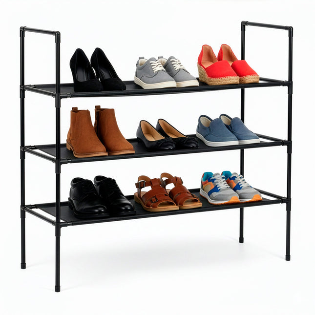 Schoenenrek | 9 - 12 Paar Schoenen | 3 Laags | Polyester/Metaal | Zwart | 28 X 72 X 72 CM