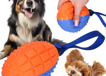 Hondenspeeltje - Bijtring - Piepend - Rugbybal - Blauw/Oranje