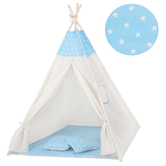 Tipi Tent | Wigwam Speeltent | 120x100x180 cm | Met Mat en Kussens | Naturel Blauw | Sterren