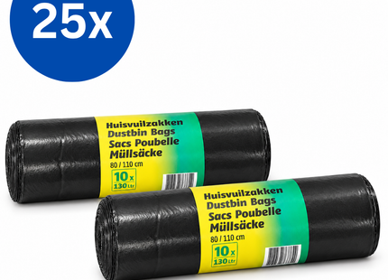 Cleany Vuilniszakken 130 Liter – 25 Rollen van 10 Zakken – 80 x 110 cm – Zwart – 250 Stuks – Grootverpakking