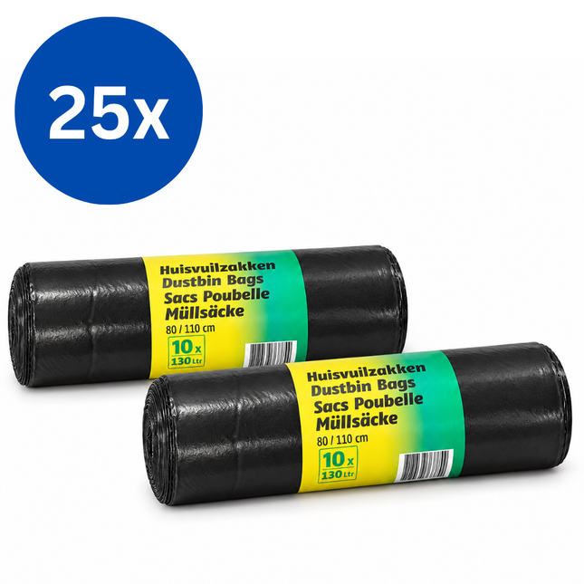 Cleany Vuilniszakken 130 Liter – 25 Rollen van 10 Zakken – 80 x 110 cm – Zwart – 250 Stuks – Grootverpakking