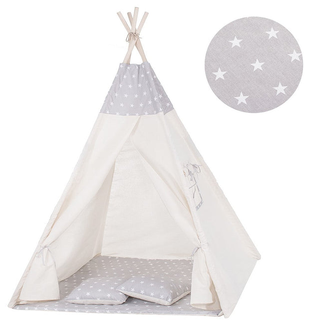 Tipi Tent | Wigwam Speeltent | 120x100x180 cm | Inclusief Mat | Inclusief Kussens | Naturel Grijs | Sterren