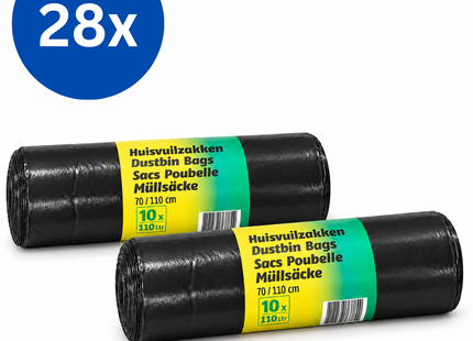 Cleany Vuilniszakken 110 Liter – 28 Rollen van 10 Zakken – 70 x 110 cm – Zwart – 280 Stuks – Grootverpakking
