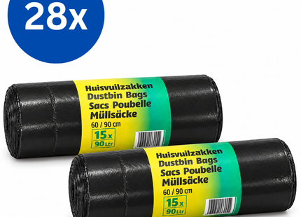 Cleany Vuilniszakken 90 Liter – 28 Rollen van 15 Zakken – 60 x 90 cm – Zwart – 420 Stuks – Grootverpakking