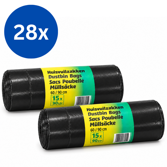 Cleany Vuilniszakken 90 Liter – 28 Rollen van 15 Zakken – 60 x 90 cm – Zwart – 420 Stuks – Grootverpakking
