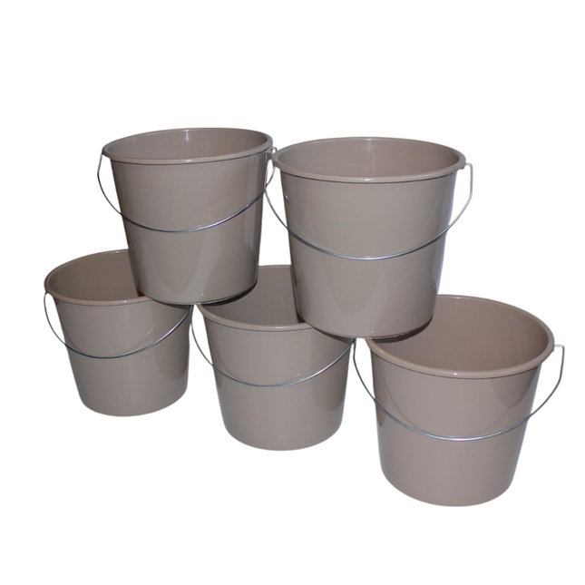 Set van 5 huishoudemmers van 10 liter in de kleur eco beige, met ijzeren handvat