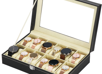 Horlogedoos - Horlogebox - Horlogeopberger - Suède - Zwart - Grijs - 12 Horloges - 30 x 20 x 8 cm