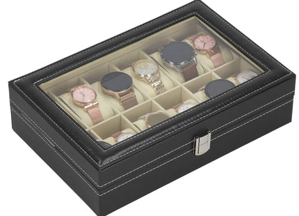 Horlogedoos - Horlogebox - Horlogeopberger - Suède - Zwart - Grijs - 12 Horloges - 30 x 20 x 8 cm