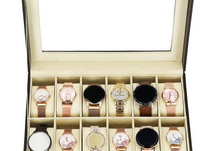 Horlogedoos - Horlogebox - Horlogeopberger - Suède - Zwart - Grijs - 12 Horloges - 30 x 20 x 8 cm