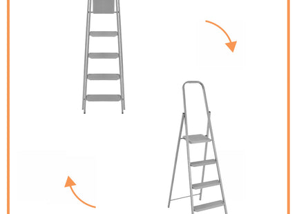 Huishoudtrap - Ladder - Keukentrapje - 5 - Etages - Antislip - Opvouwbaar - Grijs - 150 KG - Grijs
