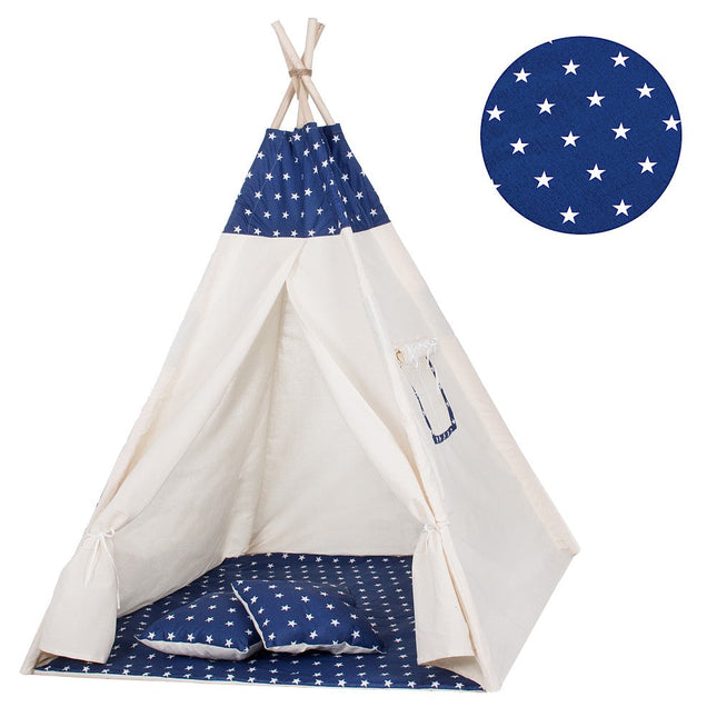Tipi Tent | Wigwam Speeltent | 120x100x180 cm | Met Mat en Kussens | Naturel Navy | Sterren