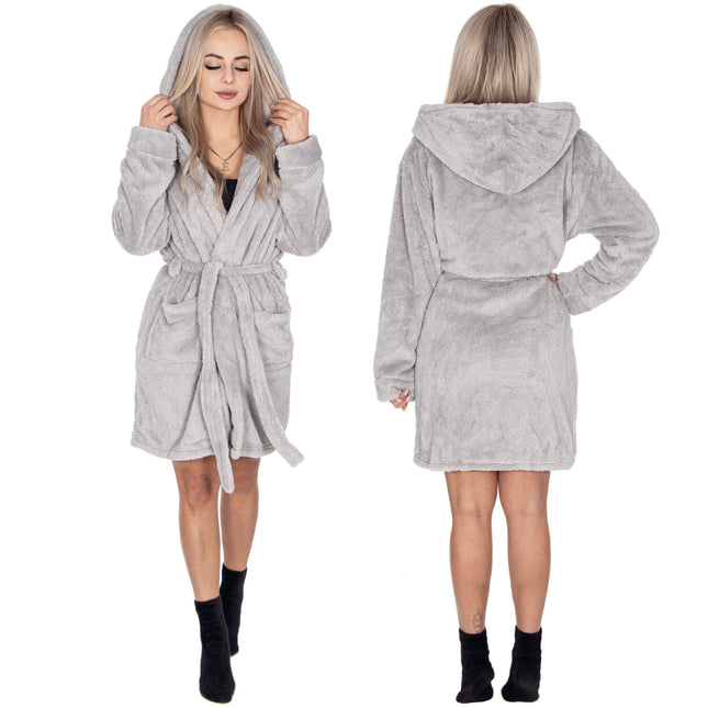 Badjas - Fleece - Lichtgrijs - Capuchon - Riem - Maat S/M