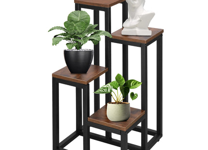 Plantenrek | Plantenstandaard | Plantentrap | 4 Niveaus | Metaal | Hout | Zwart | Donkerbruin