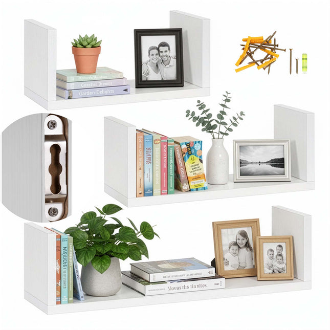 Wandplank - Boekenplank - Kruidenplank - Ophangbaar - 3 Delig - Wit - Metaal - 3 Kg - 15 x 30 x 1,5 Cm