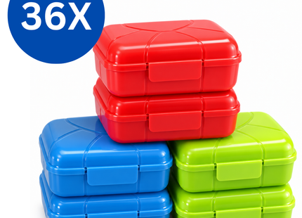 Mini Snackboxen 0,4 Liter – 36 Stuks – Voorraadbakjes met Klikdeksel – Rood, Groen en Blauw
