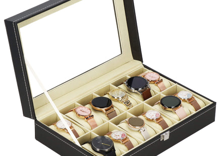Horlogedoos - Horlogebox - Horlogeopberger - Suède - Zwart - Grijs - 12 Horloges - 30 x 20 x 8 cm