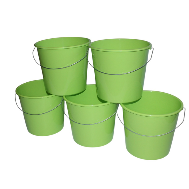 Set van 5 huishoudemmers van 10 liter in de kleur lichtgroen, met ijzeren handvat