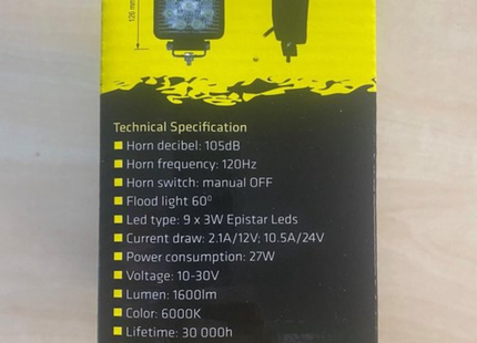 LED Werklamp met Claxon – 27W – 1600 lm – IP68 – 105 dB – 60° Breedstraler - Voertuigen en Bouwplaats - 126 x 107 x 52 mm