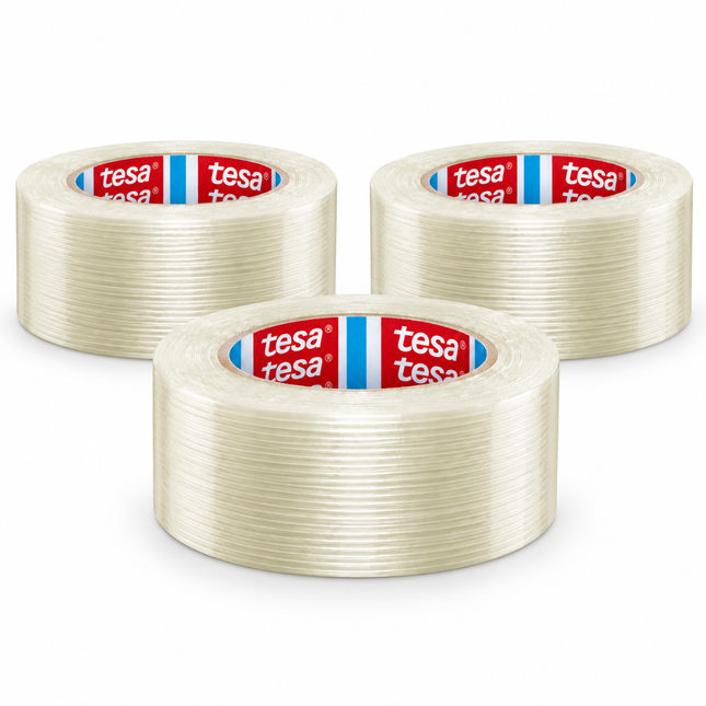 tesa Ultra Resistant Filamenttape – Set van 3 Rollen – 50 m x 50 mm - Transparant – Glasvezelversterkte Verpakkingstape
