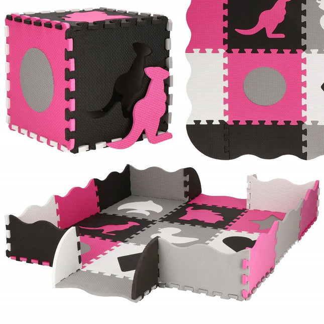 Speelmat | Speelmat Foam | Puzzelmat | Figuren | 9 Puzzelstukken | 120 x 120 cm | Roze/Grijs/Zwart/Wit