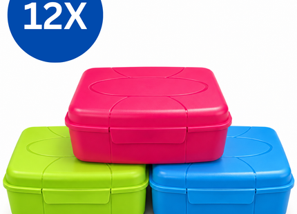 Broodtrommels 3 Liter – Set van 12 Stuks – Assorti Kleuren – Grote Lunchboxen met Klikdeksel