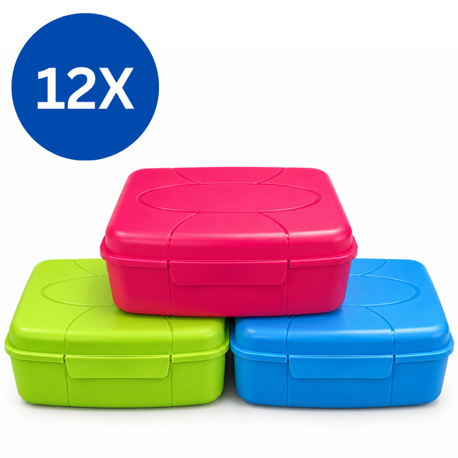 Broodtrommels 3 Liter – Set van 12 Stuks – Assorti Kleuren – Grote Lunchboxen met Klikdeksel
