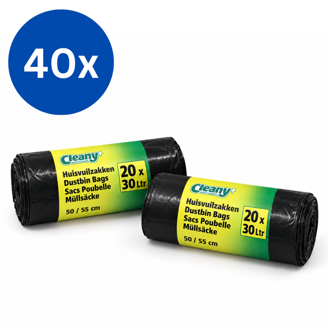 Cleany Vuilniszakken 30 Liter – 40 Rollen van 20 Afvalzakken – 50 x 55 cm – Zwart – 800 Stuks – Grootverpakking
