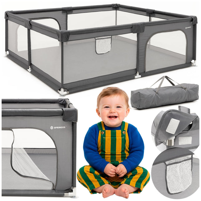 Kinderbox - Grondbox - Speelbox - Inklapbaar - Opvouwbaar - Antislip -Grijs - 200x180x66 cm