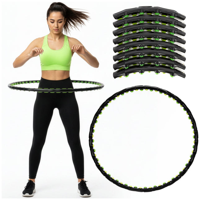 Hoelahoep - Hoepel - Fitness - Opvouwbaar - Cardiotraining - Massagenoppen - Zwart/Groen - 88 Cm
