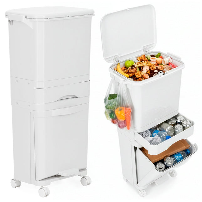 Prullenbak - Afvalbak - Vuilnisbak - Vuilbak - Op Wielen - Afvalscheidingsbakken -  3 Delig - 42 Liter - 83,5 x 42 x 28,5 Cm - Wit