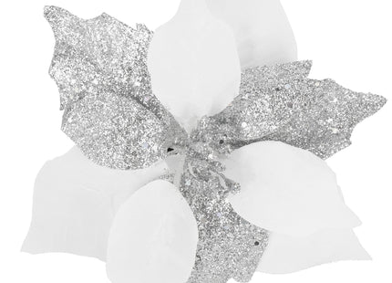 Kunstbloem Met Clip- Poinsettiatak - Ster van Bethlehem - Wit/Zilver - Glitters