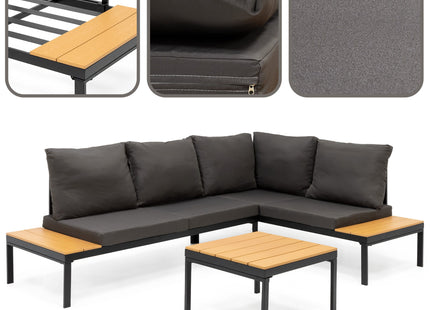 Tuinmeubelset - Loungeset - Tuinmeubilair - Bank - Stoelen - Tafel - Kussens - Zwart - Bruin - Staal - Hout - 150 Kg