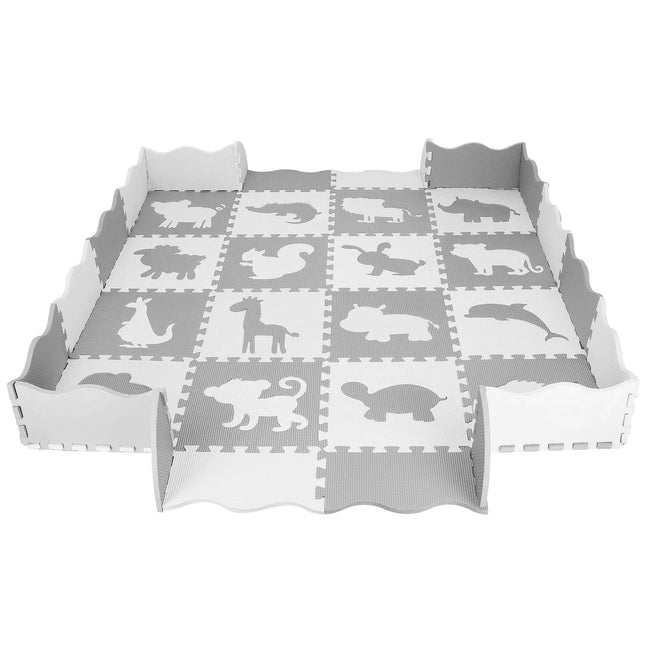 Speelmat | Speelmat Foam | Puzzelmat | Figuren | Dieren | 16 Puzzelstukken | 150 x 150 cm | Wit/Grijs